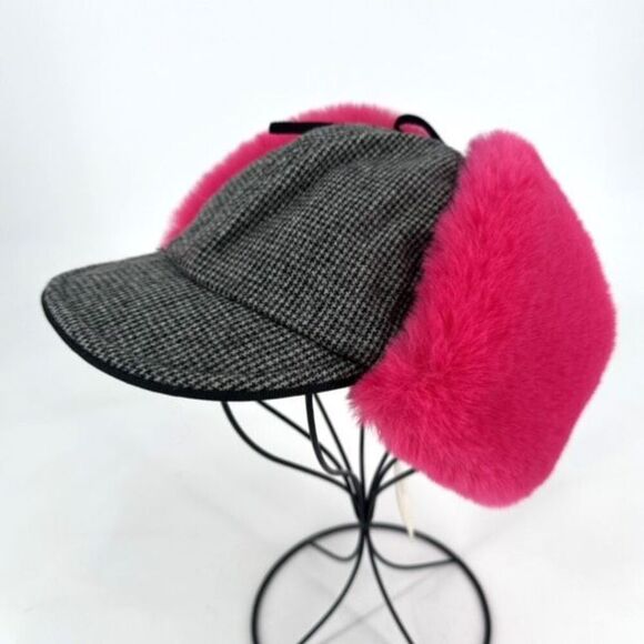 NWT Hat Attack Faux Fur Trapper Hat Bright Pink and Houndstooth Wool Blend - Picture 1 of 10